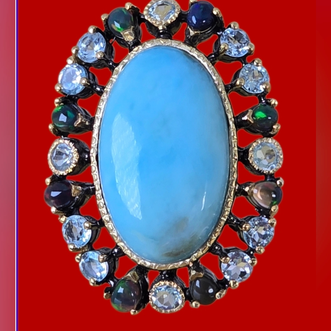 925 Sterling Silver Ring Sz 8.5 With Natural Larimar 2.5x1.5cm, Blk Opal, Topaz